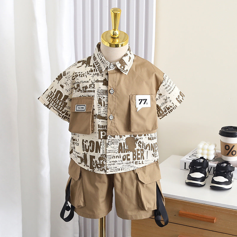 Boys' Short-Sleeve English Patchwork Shirt Two-Piece Set 2026 New Fashionable Baby Summer Clothes Trendy