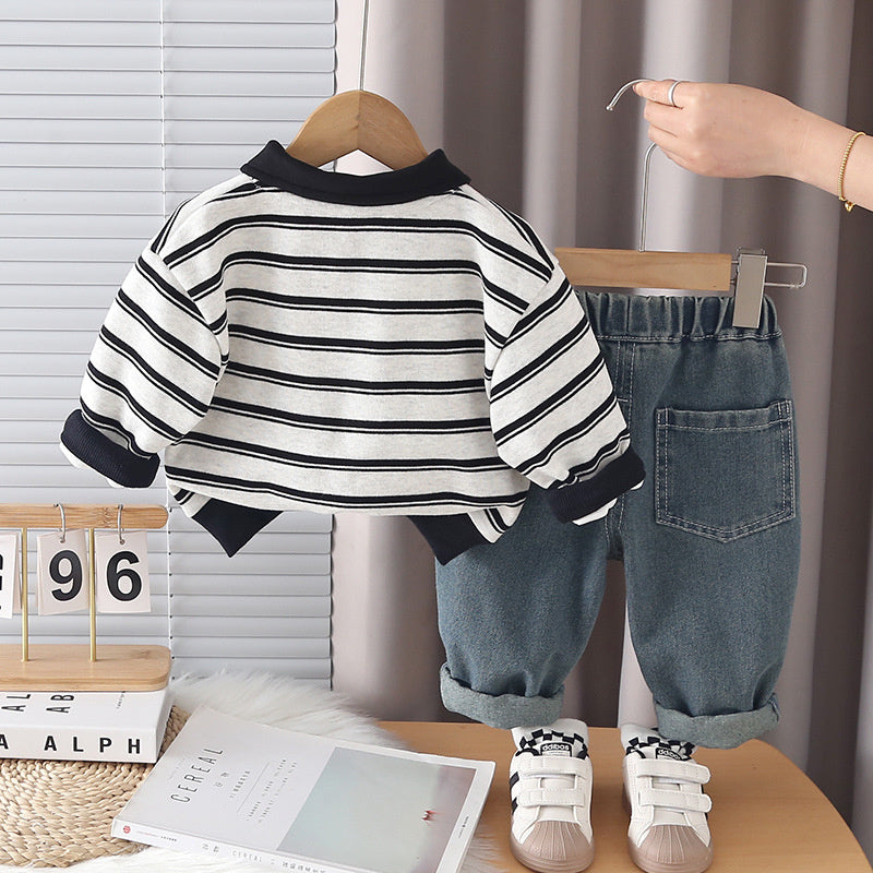 Boys' striped tie Polo suit, stylish and autumn children's Korean-style clothing, fashionable baby spring outfit