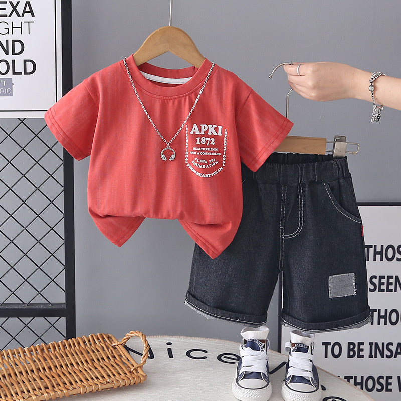 Boys' Outfit 2026 New Fashionable Two-Piece Set with Necklace and Letter Pocket, Baby Summer Short-Sleeve Clothes Trendy