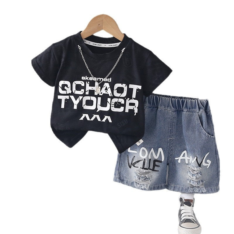 Boys' Short-Sleeve Two-Piece Set 2026 New Fashionable Baby Summer Outfit Casual Letter Print Clothes Trendy Stylish Suit