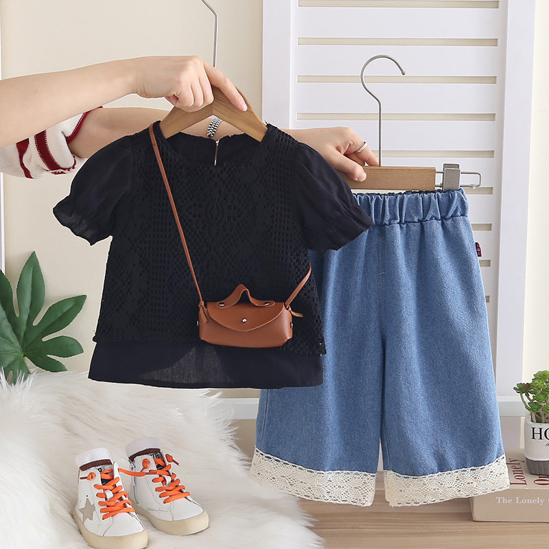 Baby Outfit Set 2026 New Model for Girls, Hollowed Out Short Sleeve, Infant Children's Clothing, Toddler Summer Solid Color Clothes