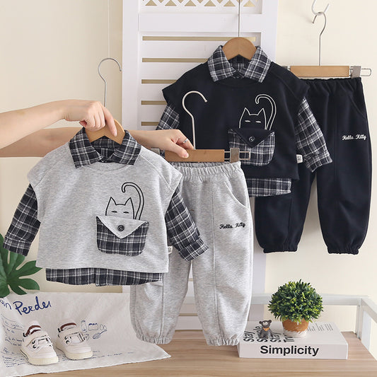 Cute Plaid Pocket Cat Three-Piece for Boys 2026 New Spring and Autumn Outfit Baby Vest Korean Style Stylish Set