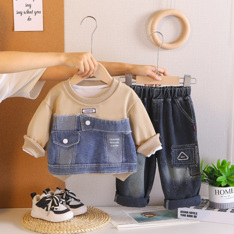 New Spring Autumn Outfit Boys: Korean-style Denim Patchwork Sweatshirt and Casual Stylish Jeans Two-piece Set for Kids