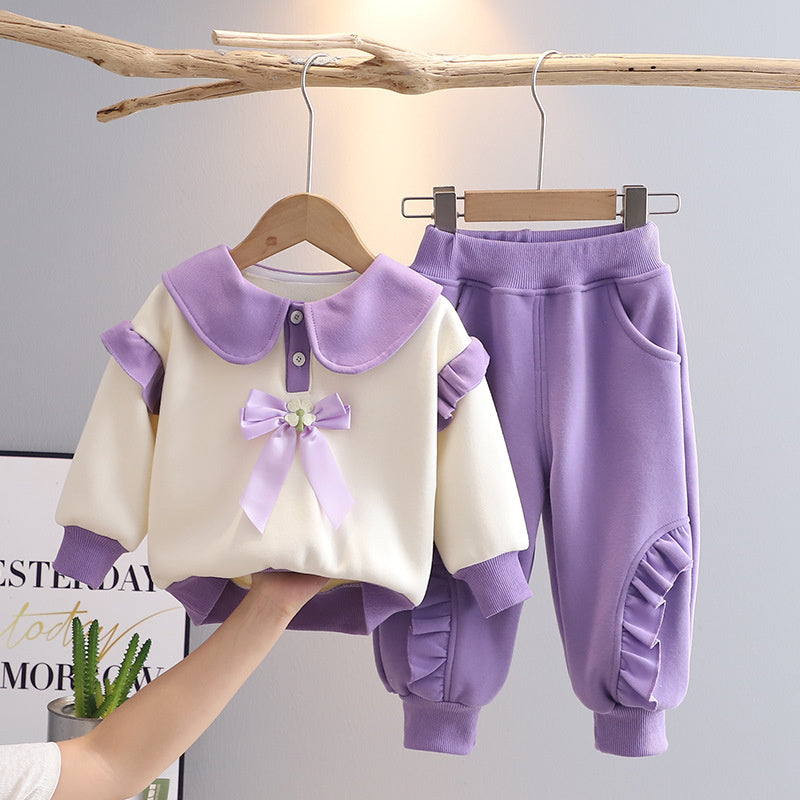 Baby Fleece-Lined Bunny Bowknot Sweatshirt for Girls, 2025 New Autumn/Winter Thickened Infant Two-Piece Set