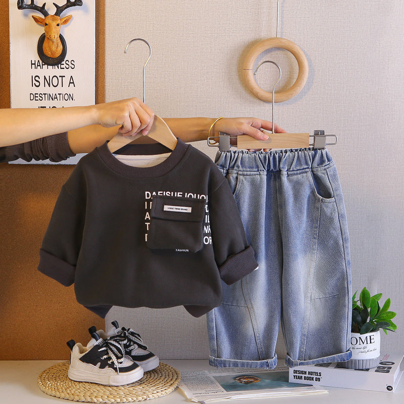Boys' Spring Autumn Casual Outfit 2026 New Solid Color Pocket Sweatshirt and Pants Two-Piece Set for 1-3-5 Year Olds Trendy