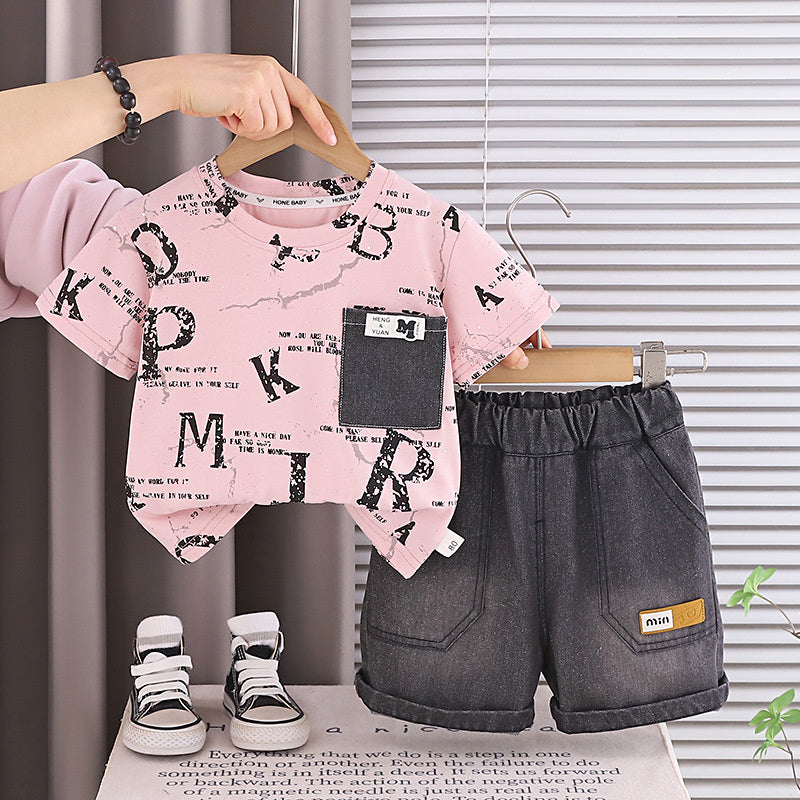 Boys' Outfit 2026 New Style Infant Children's English Pocket Short Sleeve Two-Piece Set Stylish Baby Summer Casual Wear