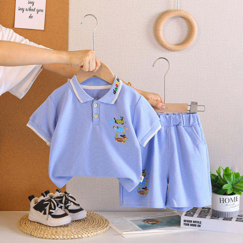 Boys' Outfit 2026 New Style Baby Children's Summer Clothes Stylish Three Little Dogs Polo Short Sleeve Two-Piece Set Trendy