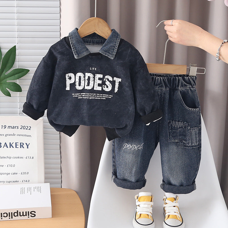 Boys' Outfit 2026 New Fashionable Children's Clothing Baby Spring and Autumn Two-Piece Set with Detachable Denim Collar