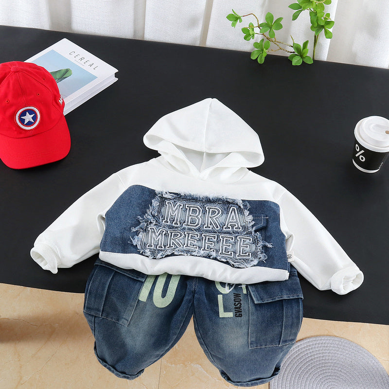 Boys' Outfit, Stylish New 2026 Embroidered Patch Sweatshirt Two-Piece Set, Cool Long-Sleeve Spring and Autumn Fashion