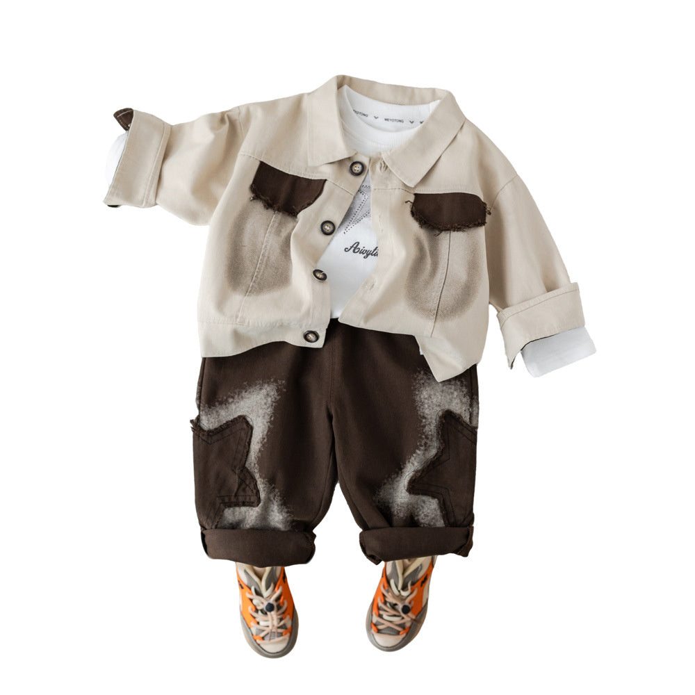 Boys' Outfit 2026 New Style Infant Children's Spring and Autumn Fashionable Baby Clothes Spray-Painted Three-Piece Set