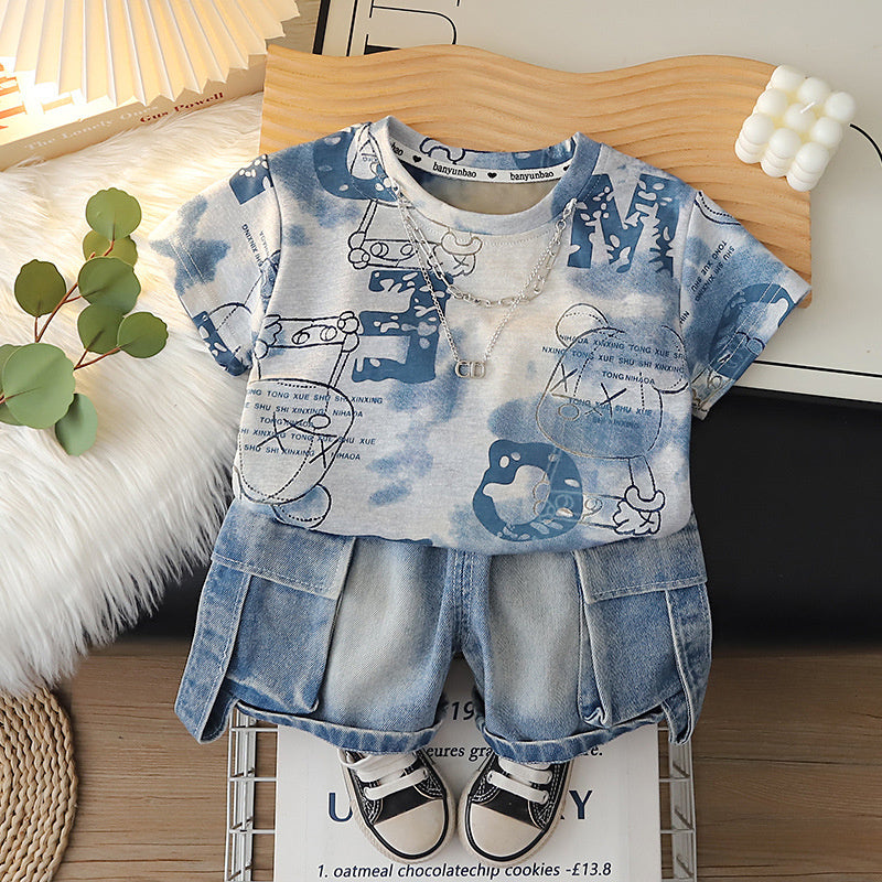 Outfit 2026 New Style Toddler Baby Summer Clothes Boys' Tie-Dye Big Bear Short Sleeve Two-Piece Set Trendy