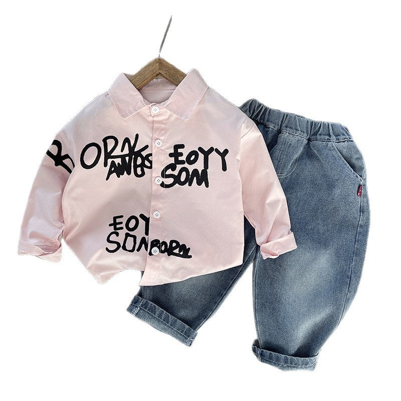 Boys' Outfit: Letter Print Shirt Set, Casual Trendy, Long Sleeve Two-Piece Set for Babies Toddlers in Spring and Autumn