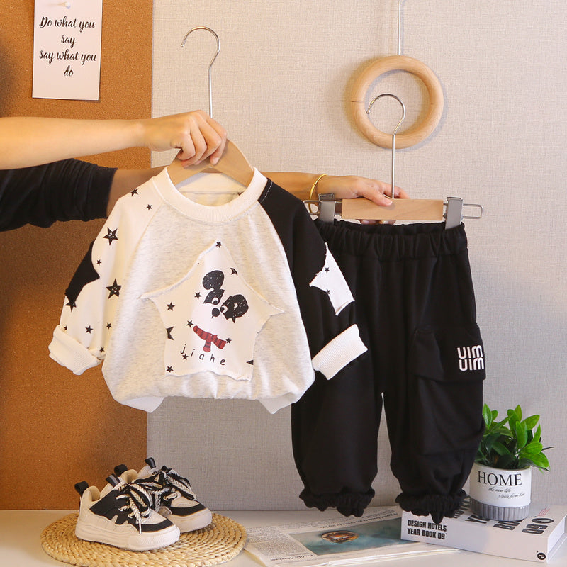 Boys' Spring Autumn Outfit 2026 New Style Puppy Color-Block Sweatshirt and Pants Stylish Casual Two-Piece Set Trendy Children's Clothing