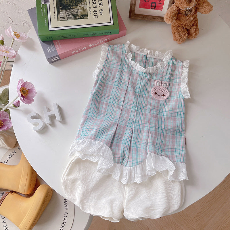Girls' Outfit 2026 New Fashionable Colorful Plaid Rabbit Sleeveless Children's Clothing Baby Summer Two-Piece Set