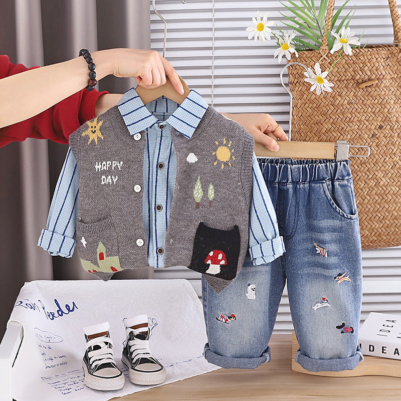 Boys' Spring Outfit 2026 New Fashionable Baby Children's Cartoon Little Sun Sweater Three-Piece Set