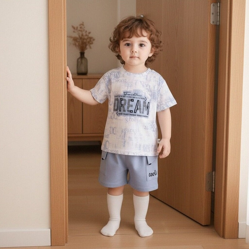 New stylish outfit for boys 2026, baby painted letter short-sleeve clothing, children's summer two-piece trendy set