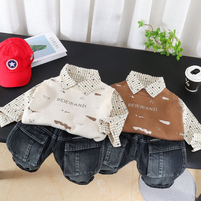 Boys' Autumn Sweater Vest Set 2026 New Fashionable Baby Plaid Shirt Casual Trendy Three-Piece Outfit