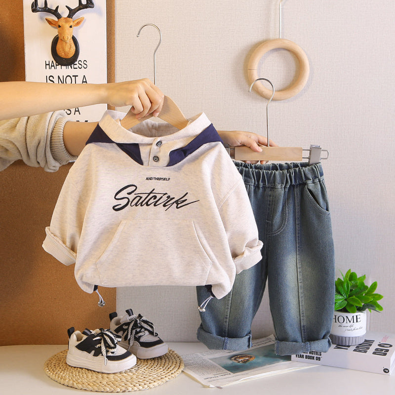 Boys' Spring English Hoodie Sweatshirt Set 2026 New Fashionable Children's Sporty Two-Piece Outfit for Little Boys