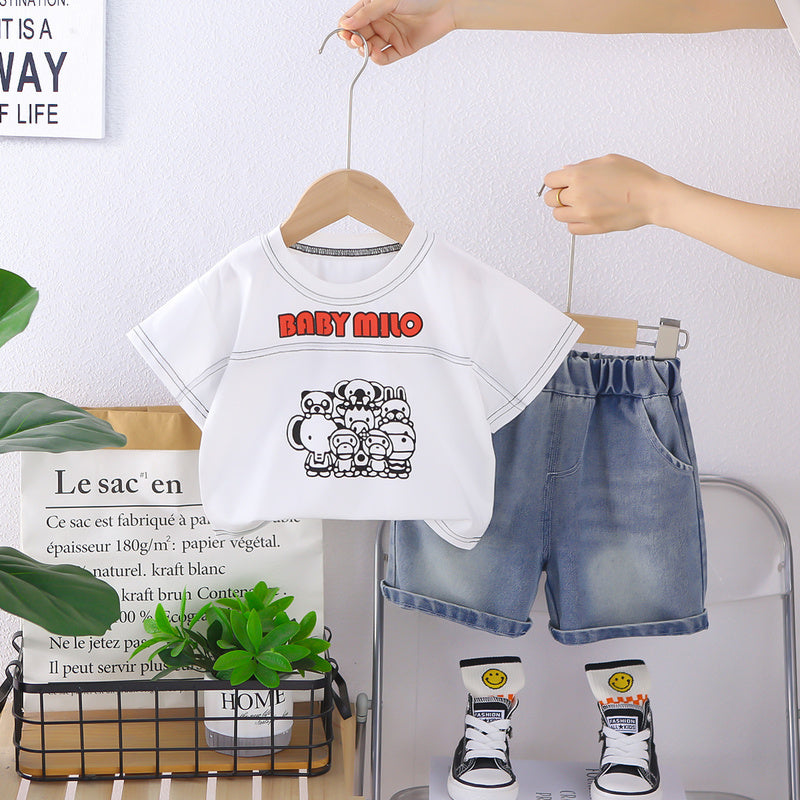 Boys' new style cute animal round-neck short-sleeve clothing for children, baby and infant two-piece summer outfit