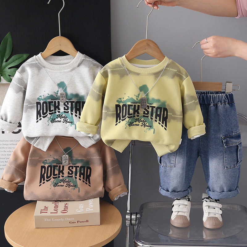Boys' 2026 New Fashionable Children's English Necklace Sweatshirt Two-Piece Set Baby Spring and Autumn Trendy Outfit