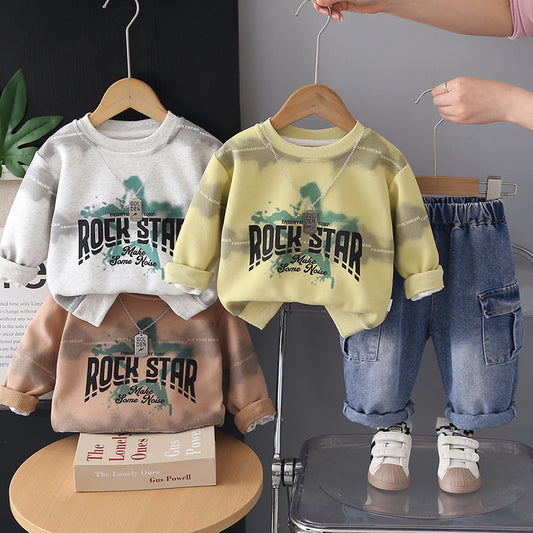 Boys' 2026 New Fashionable Children's English Necklace Sweatshirt Two-Piece Set Baby Spring and Autumn Trendy Outfit