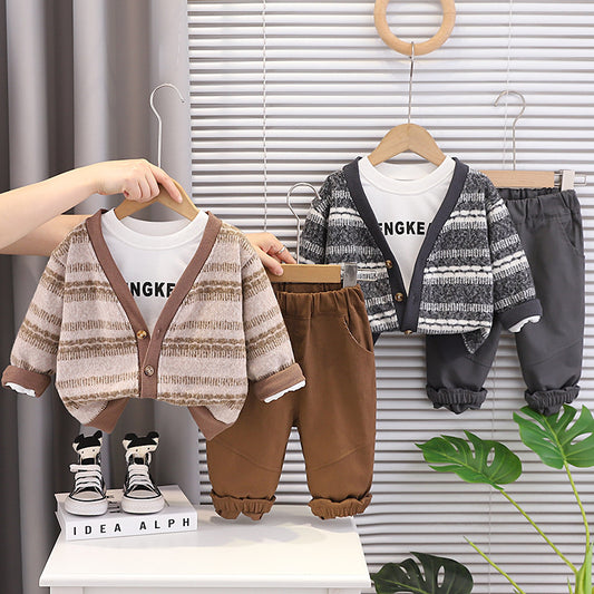 Boys' Suit Spring and Autumn 2026 New Fashionable Long-Sleeve Striped Cardigan Sweater Three-Piece Set Baby Clothes