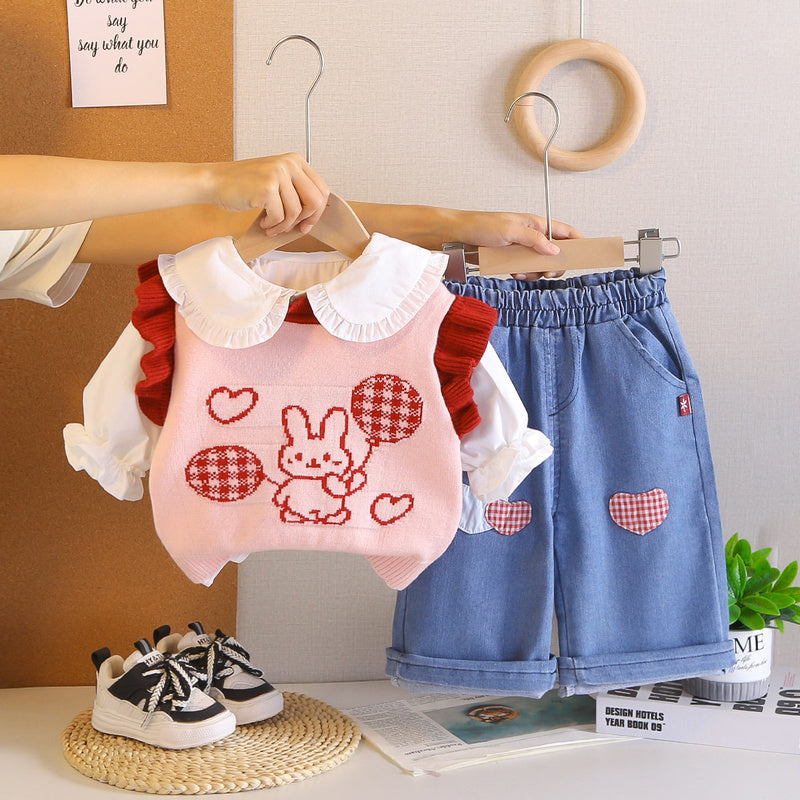 Girls' Bunny Lace Sweater Set, 2026 New Fashionable and Stylish Baby Girl Spring Outfit, Children's Autumn Clothing