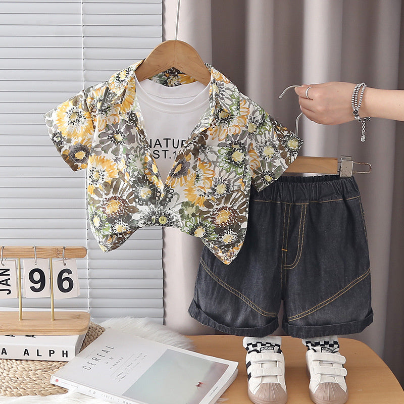 Three-Piece Suit 2026 New Style Boys' Floral Short-Sleeve Outfit Stylish Baby Summer Clothing