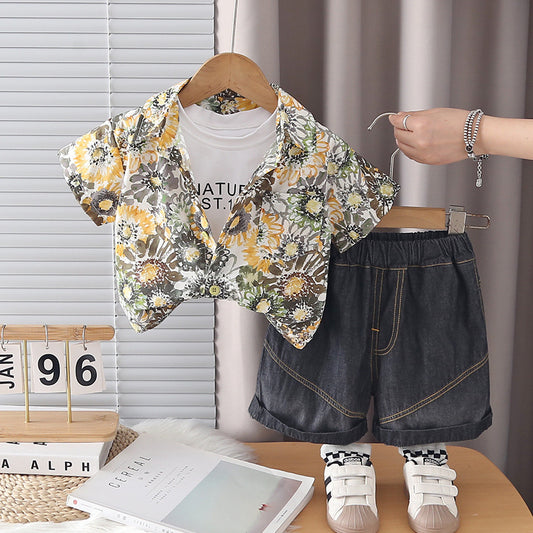 Three-Piece Suit 2026 New Style Boys' Floral Short-Sleeve Outfit Stylish Baby Summer Clothing