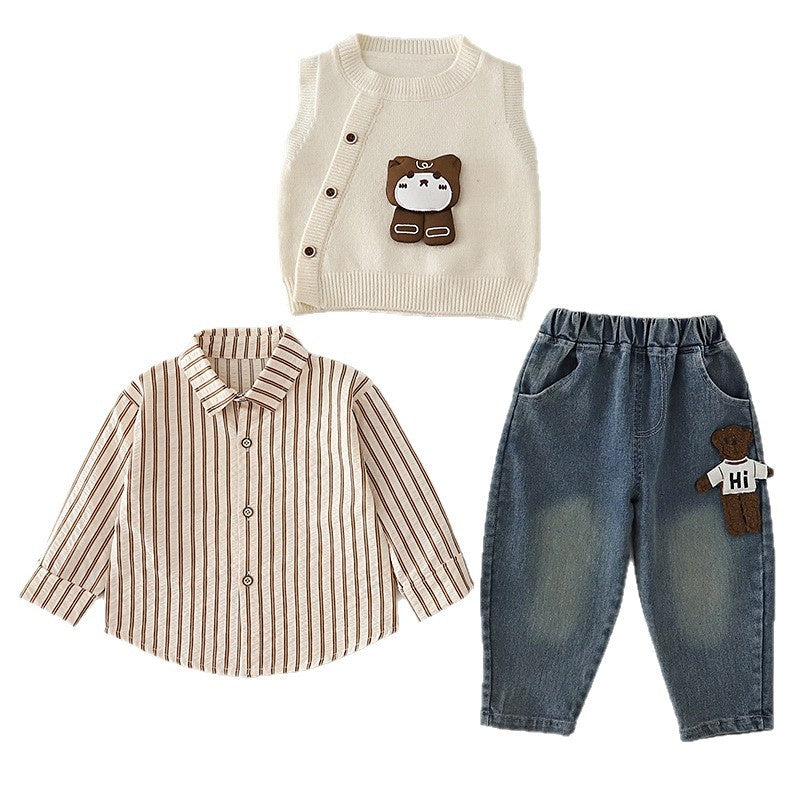 Boys' Outfit 2026 New for Baby Boys Toddlers, Spring and Autumn Fashionable Korean Style Sweater with Bear Design, Three-Piece Set