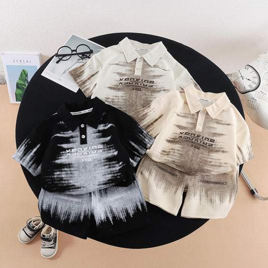 Boys' Outfit Short Sleeve, 2026 New Fashionable Baby Children's Lapel Tie-Dye Letter Two-Piece Set, Summer Trendy