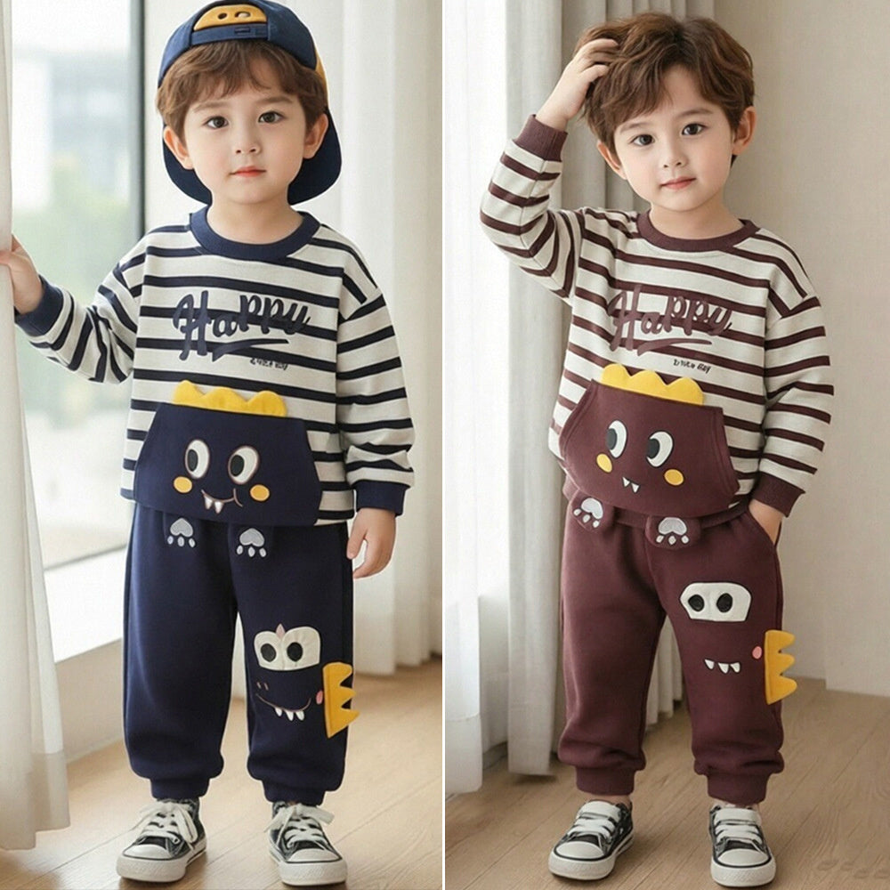 Boys' and Autumn Outfit 2026 New Style Baby Boy Spring Fashion Striped Dinosaur Two-Piece Set Infant Toddler Clothing