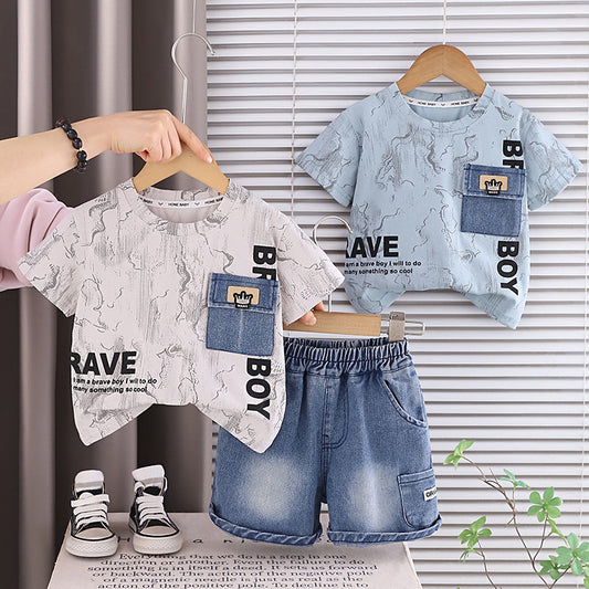 Baby Outfit Set 2026 New Style Boys' Denim Short Sleeve Shorts Infant Children's Summer Stylish Clothes