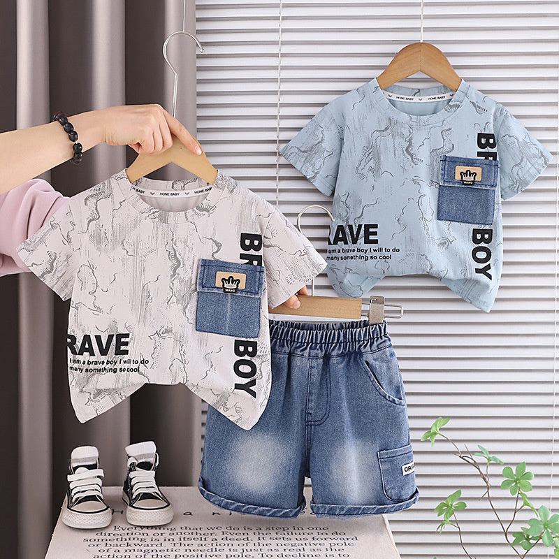 Baby Outfit Set 2026 New Style Boys' Denim Short Sleeve Shorts Infant Children's Summer Stylish Clothes