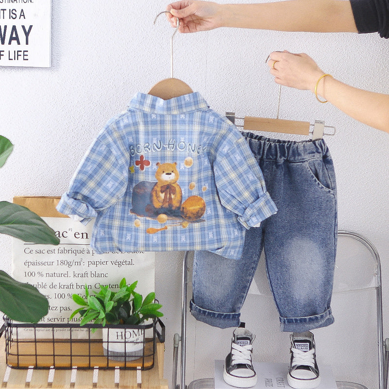 Boys' Outfit 2026 New Model Baby Boy Plaid Shirt with Bear Print on the Back Three-Piece Set for Spring Autumn Infant and Toddler Clothing