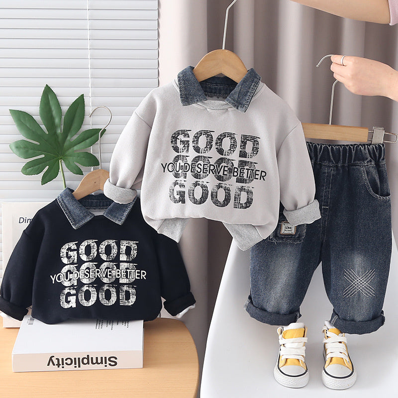 Boys' fashion stylish letter sweatshirt two-piece set, baby spring cool toddler clothes, infant children's trendy outfit