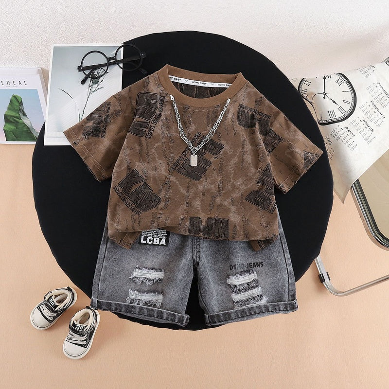 2026 New Summer Outfit for Boys Fashionable Children's Clothing Full Print Hanging Chain Letter Short Sleeve Denim Shorts Two-Piece Set