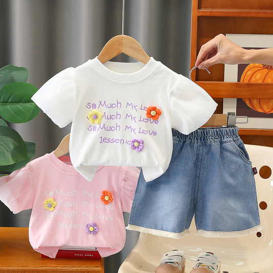 Girls' Outfit 2026 New Fashionable Baby Summer Clothes Three-Flower Short-Sleeve Two-Piece Set Children's Clothing