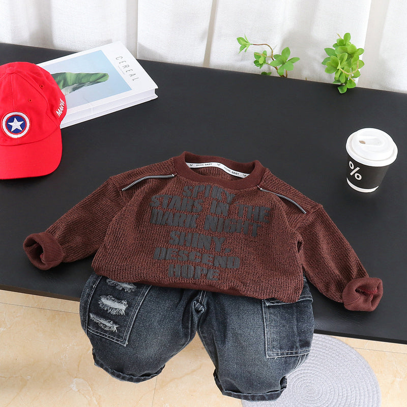 Boys' shoulder-zipper sweatshirt 2026 new spring and autumn style children's casual sports two-piece set