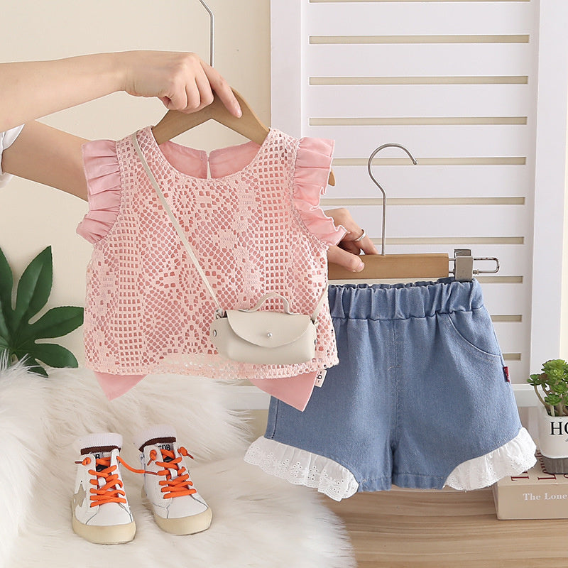 Baby girl's round-neck sleeveless outfit, stylish and trendy children's clothing, summer toddler two-piece set