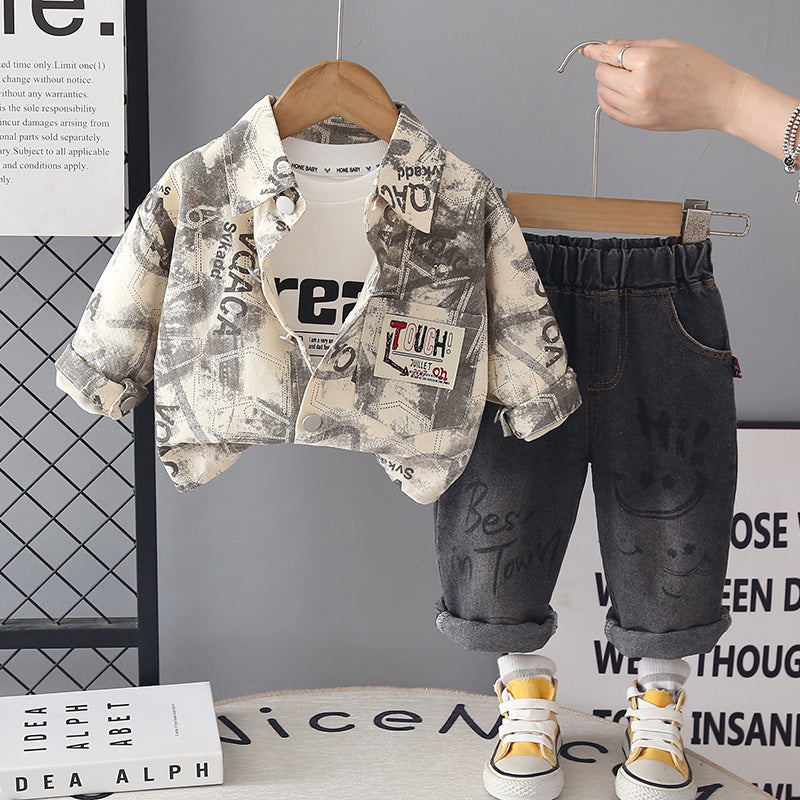 Boys' Spring and 2026 New Fashionable Children's Baby Toddler Infant Autumn Outfit Pocket Label Jacket Three-Piece Set