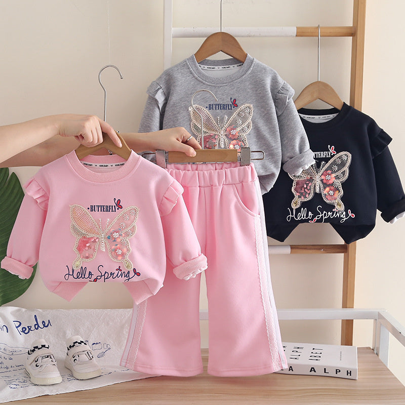 Girls' Spring and Outfit 2026 New Fashionable Baby Girl Autumn Clothing Korean Style Butterfly Sweatshirt Two-Piece Cartoon Trendy Set
