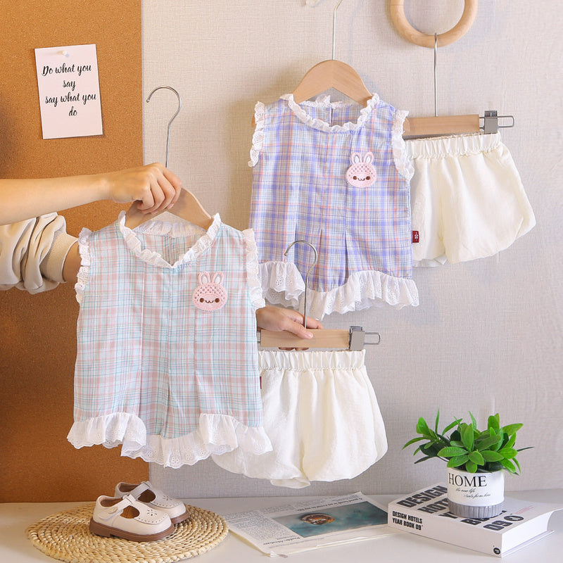 Girls' Outfit 2026 New Fashionable Colorful Plaid Rabbit Sleeveless Children's Clothing Baby Summer Two-Piece Set