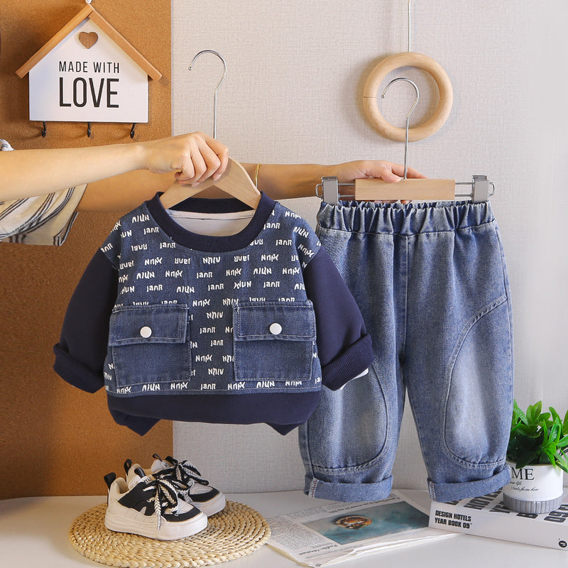 Children's clothing outfit 2026 new model baby boys' spring and autumn full-body letter print sweatshirt two-piece set