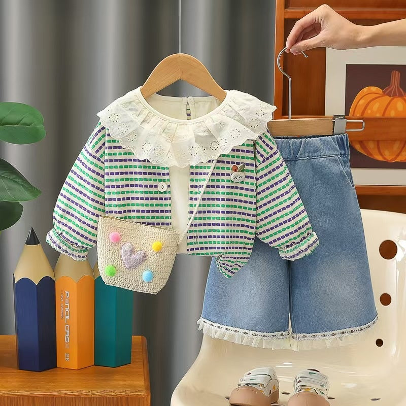 Girls' Korean-style outfit 2026 new fashionable spring and autumn three-piece set for baby girls with thin striped rabbit design
