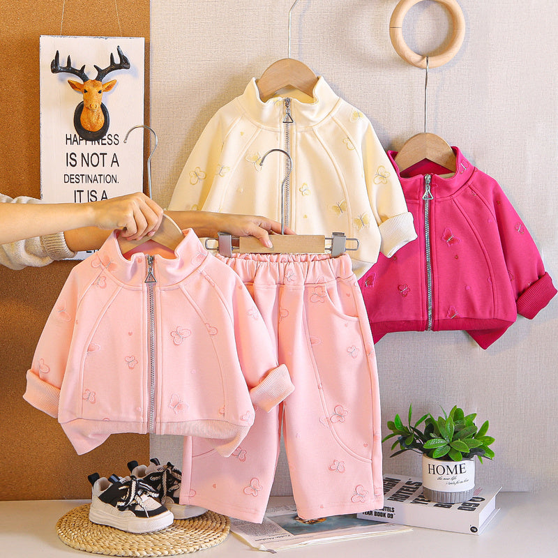 Baby children's clothing, baby girl outfit, heart-shaped butterfly set, Korean style fashionable girl's spring and autumn two-piece zipper set