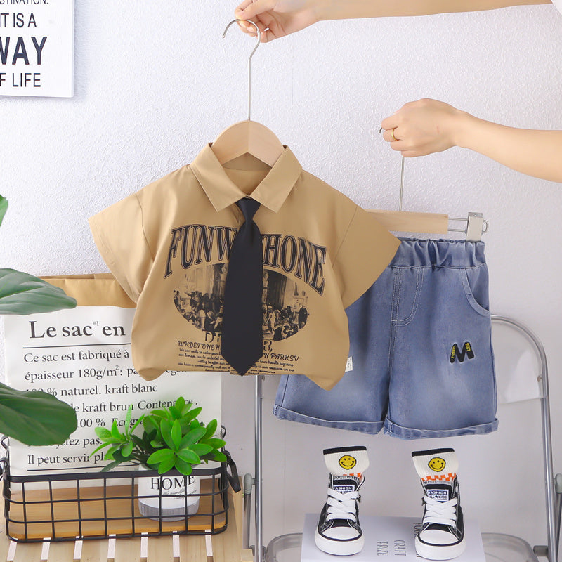 Boys' Outfit Set with Tie and Short-Sleeve Shirt 2026 New Stylish Children's Clothing for 3-Year-Old Boys in Summer