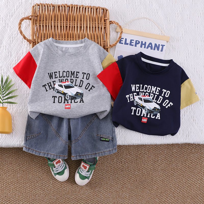 Boys' Cartoon Car Short Sleeve Set 2026 New Style for 1-4 Year Olds, Stylish Baby Korean Version Summer Outfit