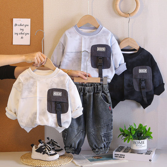 Boys' Round Neck Sweatshirt Set 2026 New Autumn Two-Piece Outfit Trendy Baby Casual Sports Children's Cool Clothes