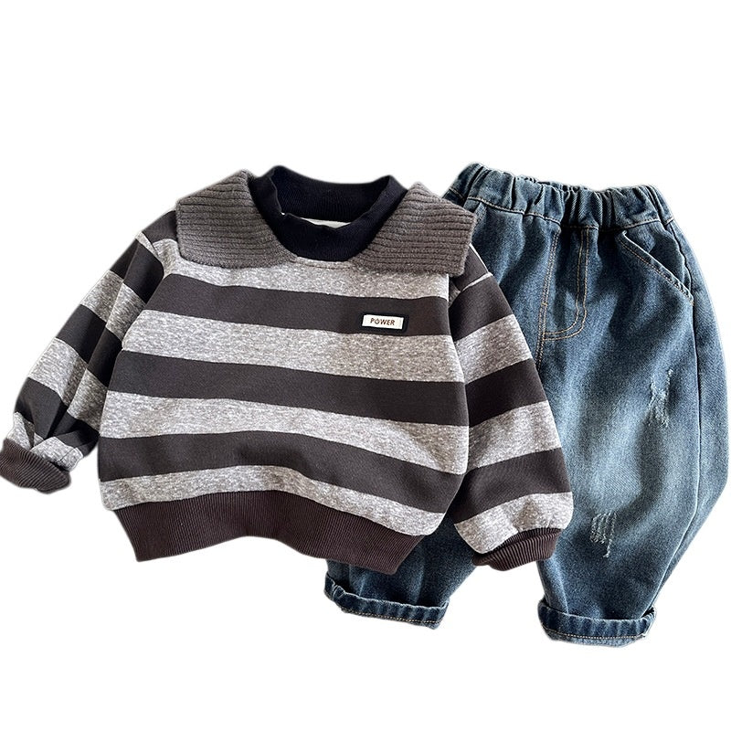 Boys' Outfit 2026 New Style Children's Turn-down Collar Wide Stripe Sweatshirt Two-piece Set Baby Spring and Autumn Casual Trend